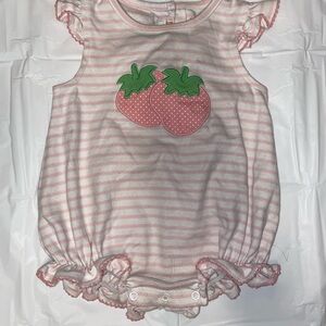 Vintage Y2K Pink Striped Baby Romper with Strawberry Design